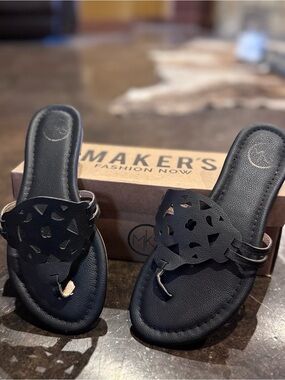 Maker's Black Laser-Cut Leather Toe-Post Sandals